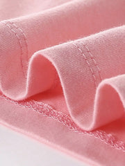 Close-up of blush pink children's t-shirt folded hem stitching and knit fabric detail
