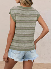 On-model back view of the sage green striped sleeveless knit top with denim shorts