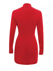 Back view of a deep red mock neck long sleeve bodycon dress on a plain background