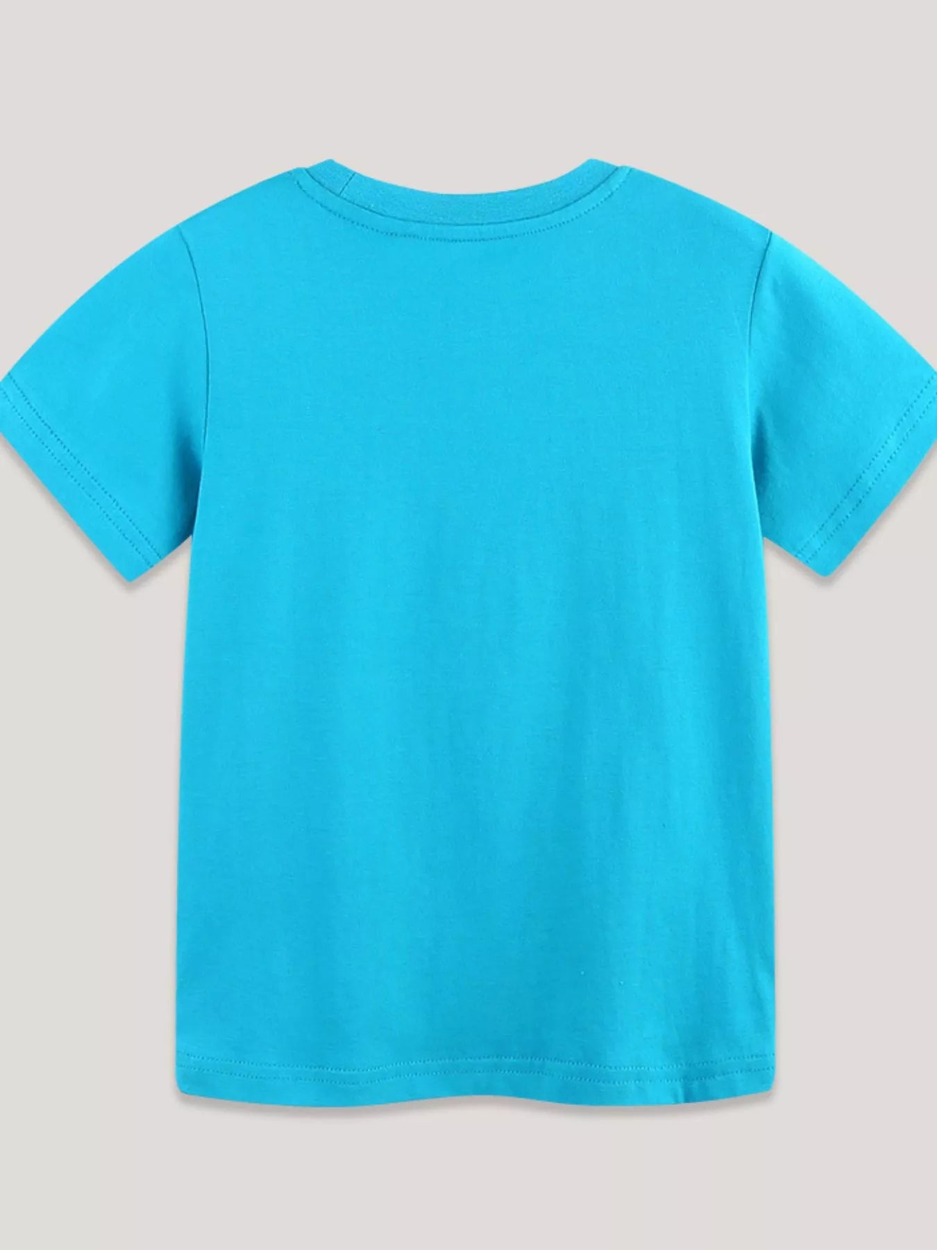 Plain back view of a sky blue children's round neck T-shirt with no graphic