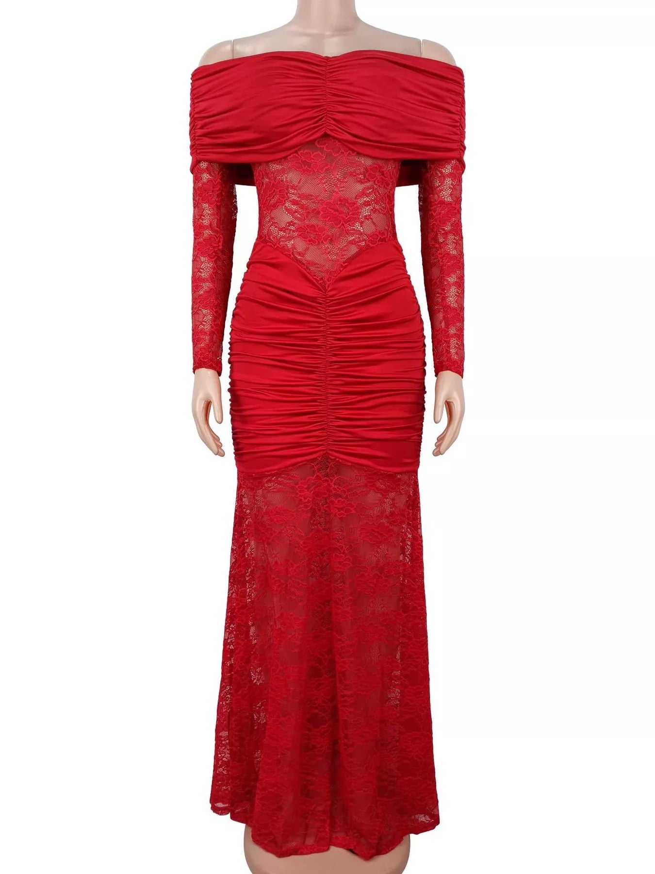 Red off shoulder ruched maxi dress on mannequin, front view showing lace panels