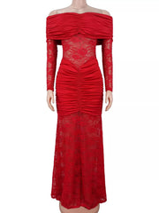 Red off shoulder ruched maxi dress on mannequin, front view showing lace panels