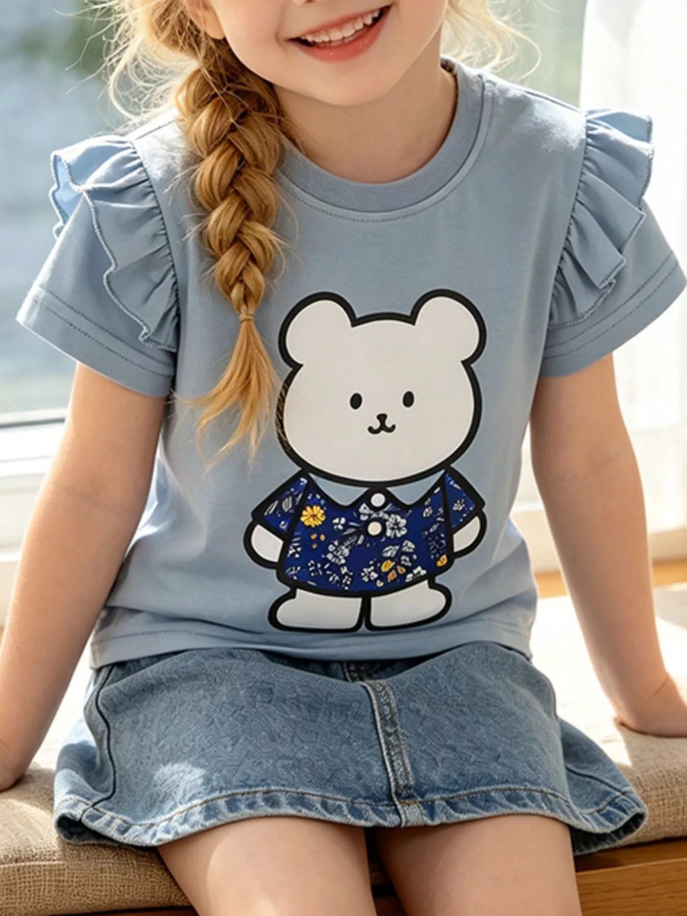 On-model front view of light blue children's t-shirt with ruffled short sleeves and white bear graphic