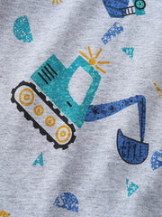 Close detail of a large teal and blue excavator graphic on gray children's tee fabric