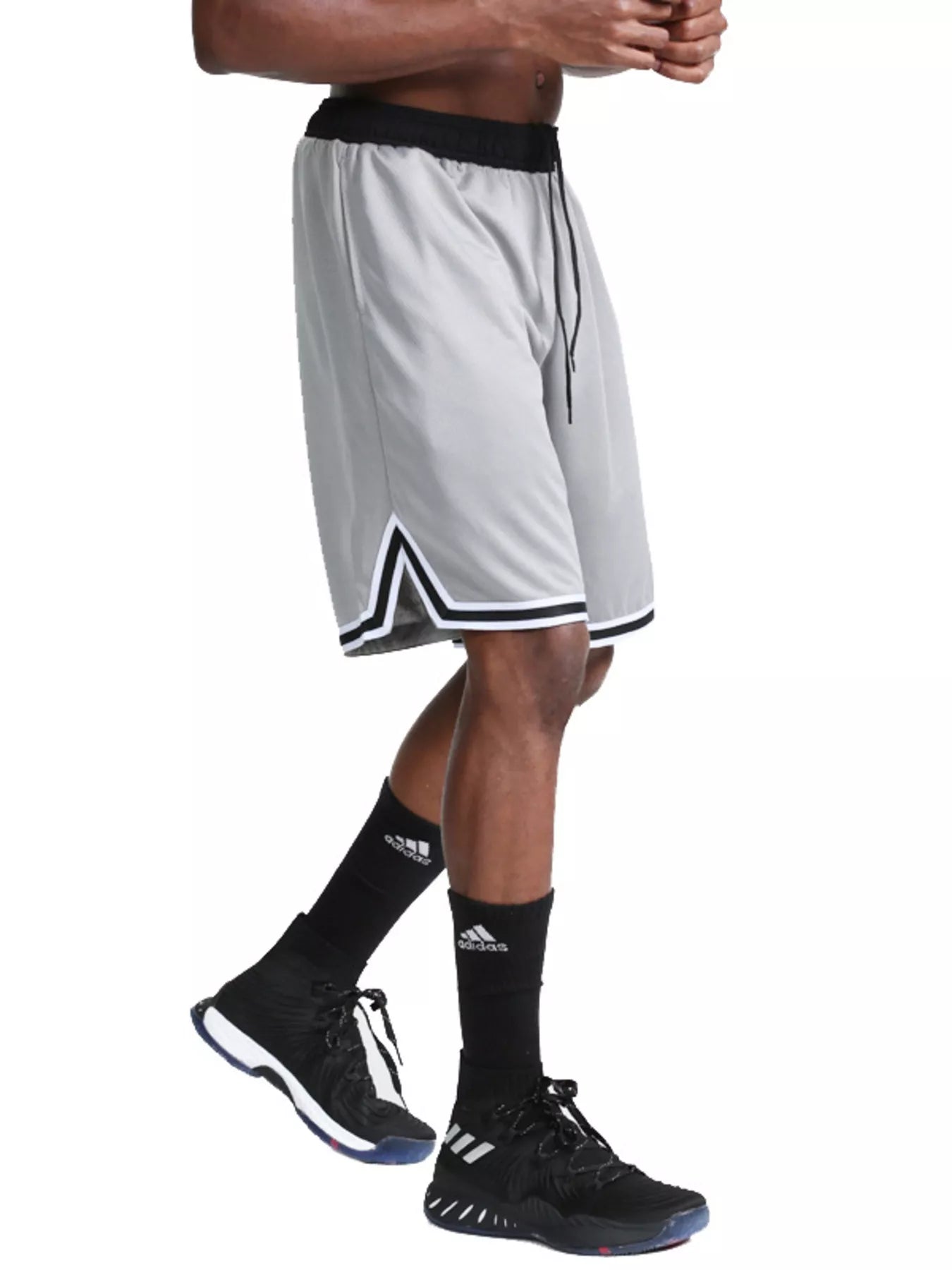 Men's grey athletic shorts with a drawstring waist and pockets.