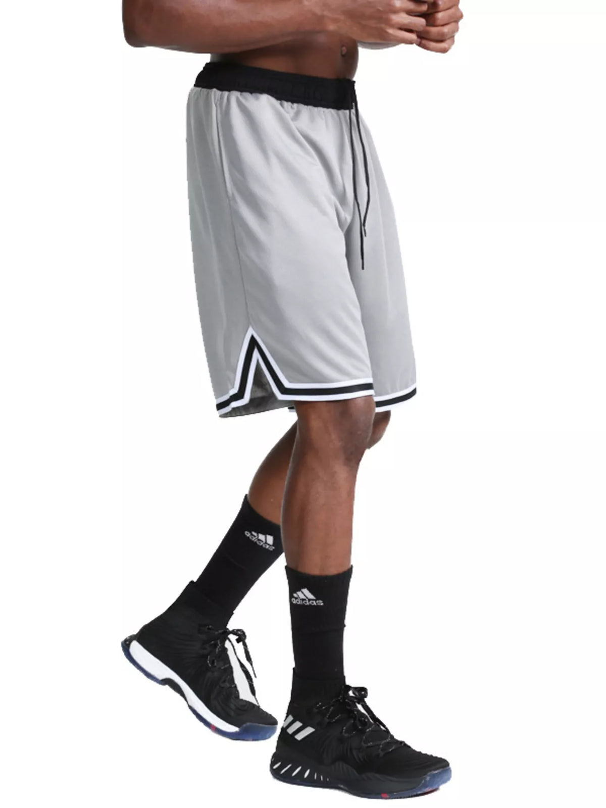 Men's grey athletic shorts with a drawstring waist and pockets.