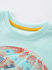 Angled close-up of mint blue children's t-shirt collar with mustard inner trim