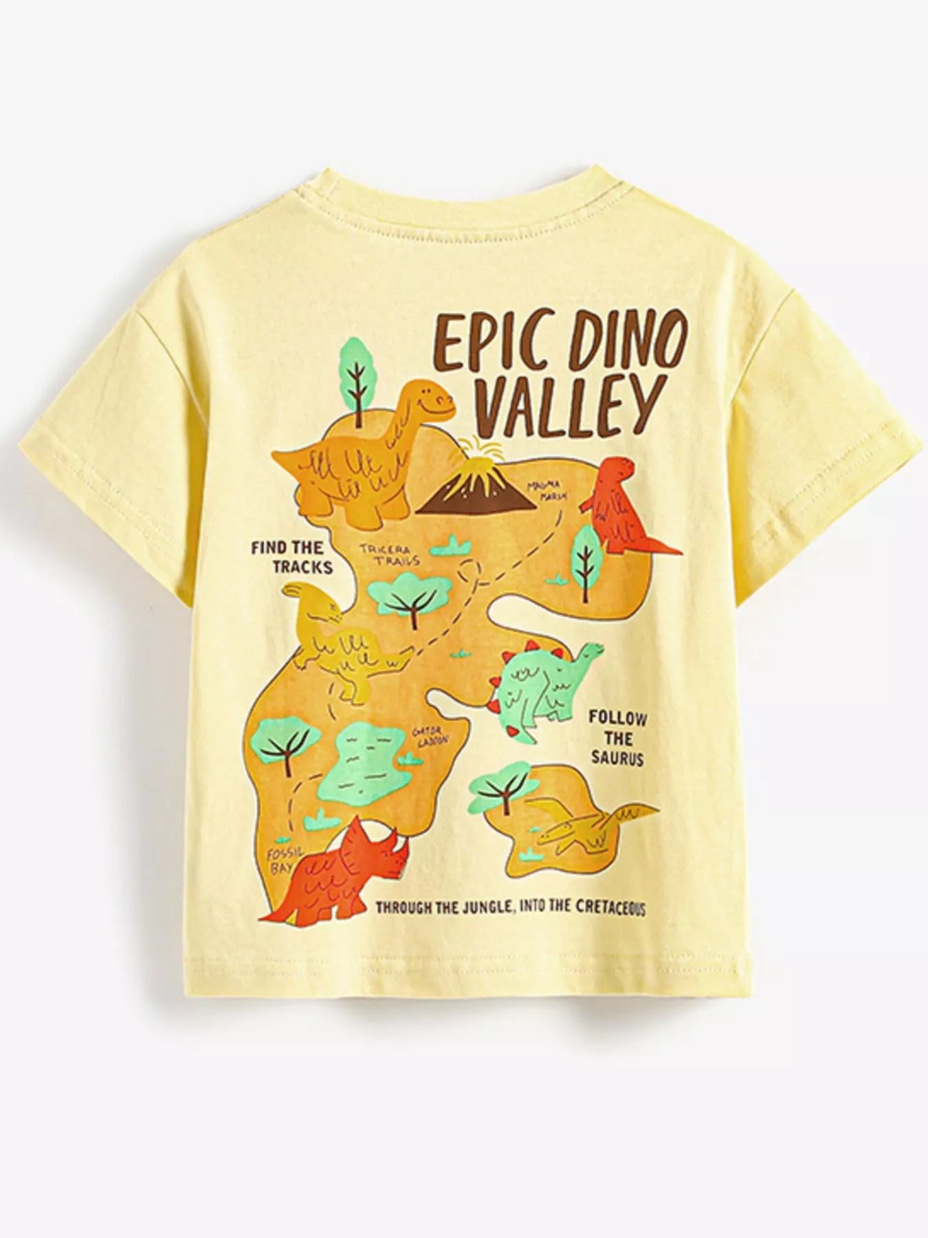 Back view, flat lay of a pale yellow children's tee with the full dinosaur valley map graphic