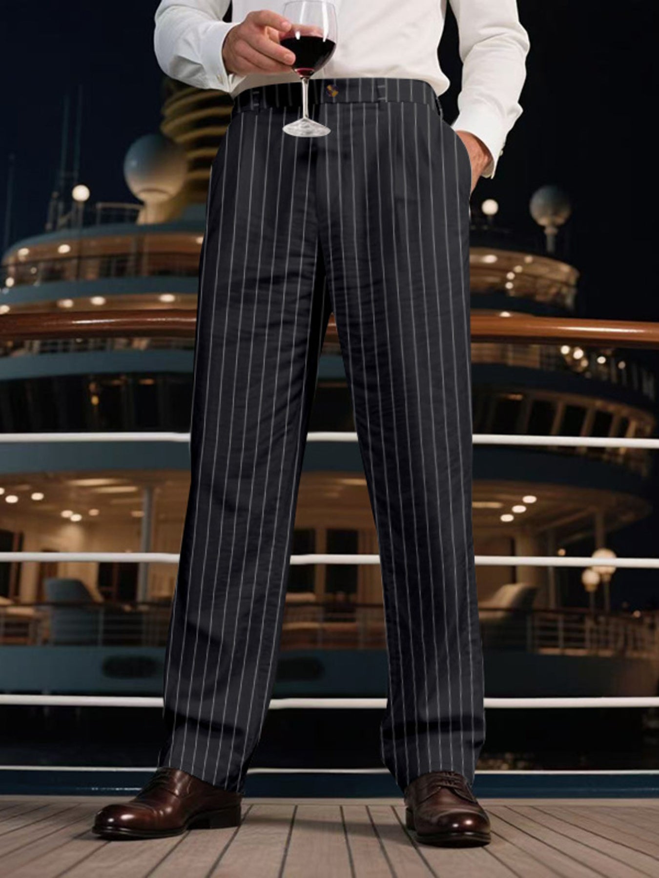 Men's black striped pants with wide legs and pockets.