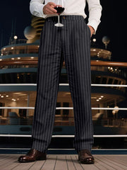 Men's black striped pants with wide legs and pockets.