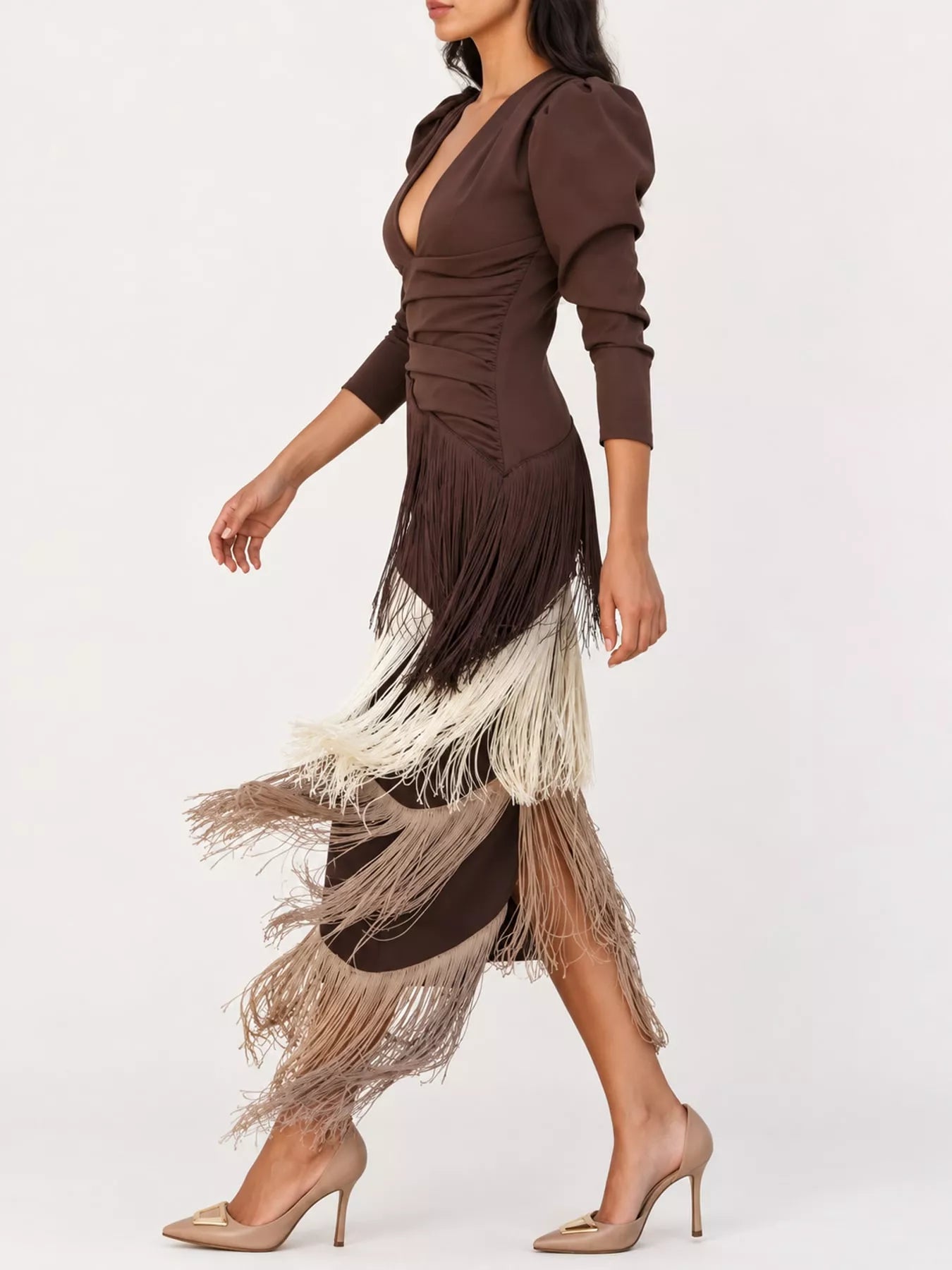 Studio side view of a coffee brown fringed maxi dress with cream and taupe fringe tiers