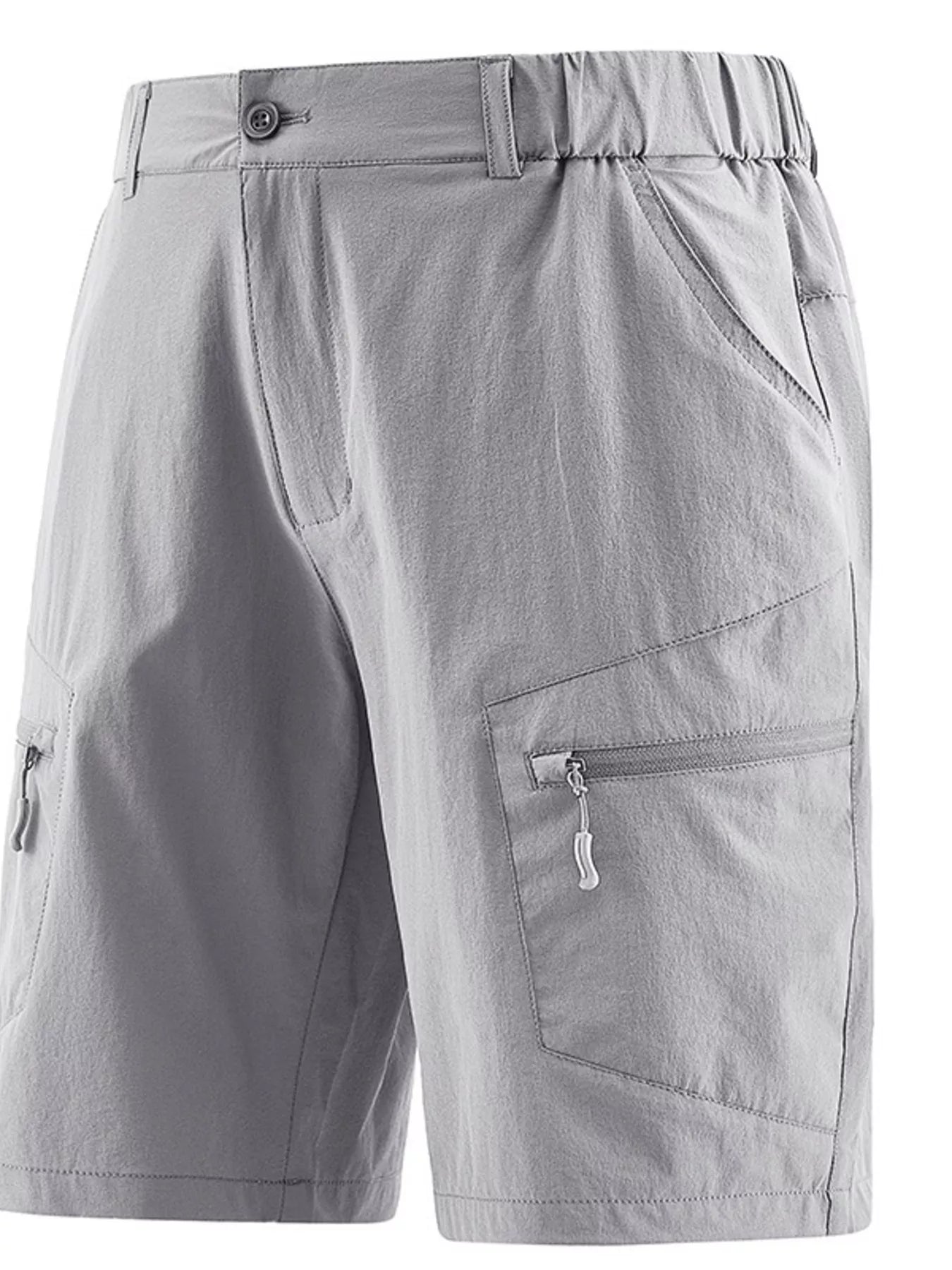 Men's light gray outdoor shorts with zipper pockets and a drawstring waist.
