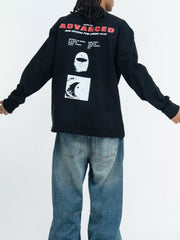 Men's long-sleeve graphic T-shirt made from a slightly stretchy cotton-spandex blend.