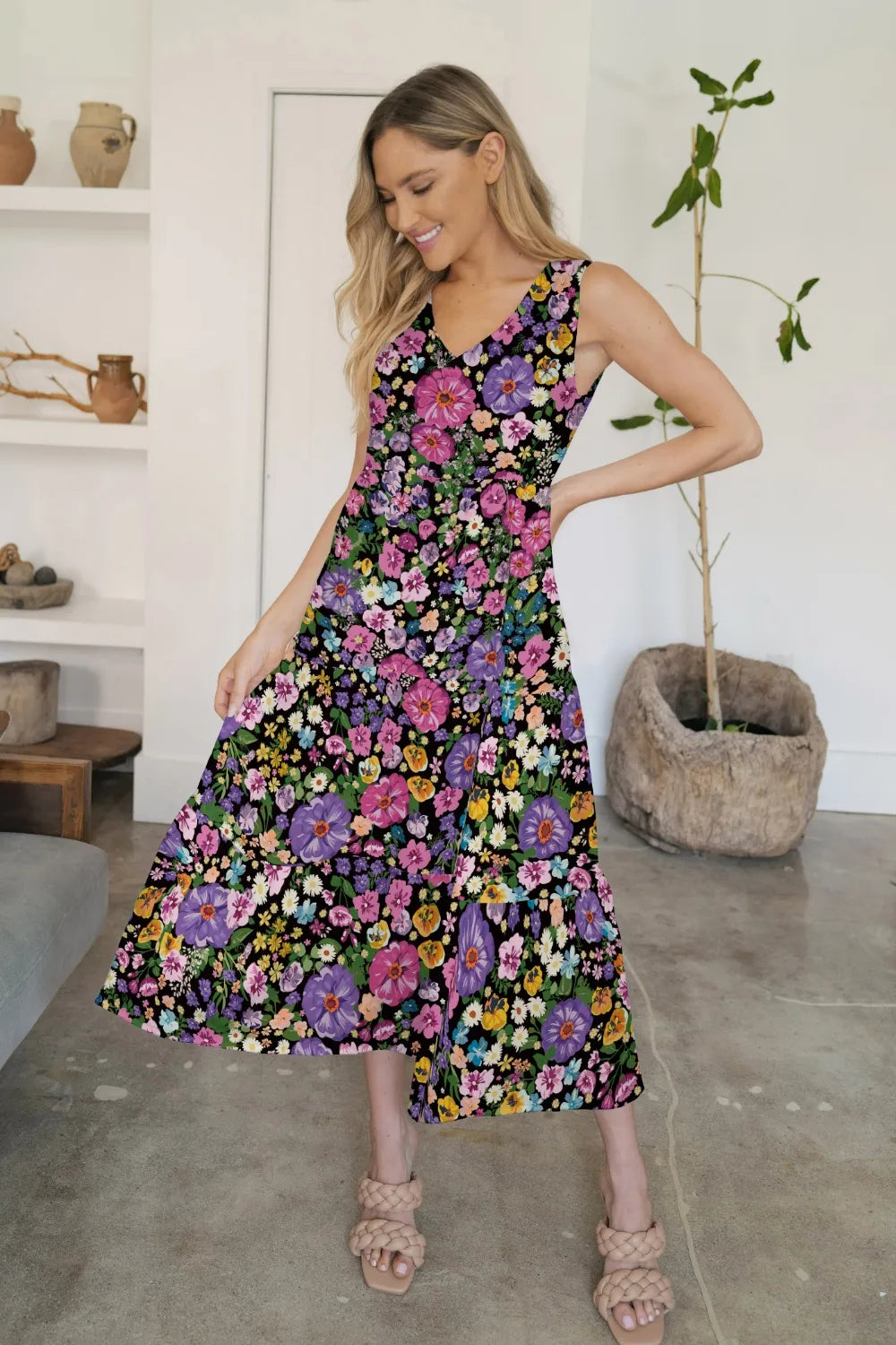 FAM-FAM Tiered Printed V-Neck Sleeveless Dress Floral / S