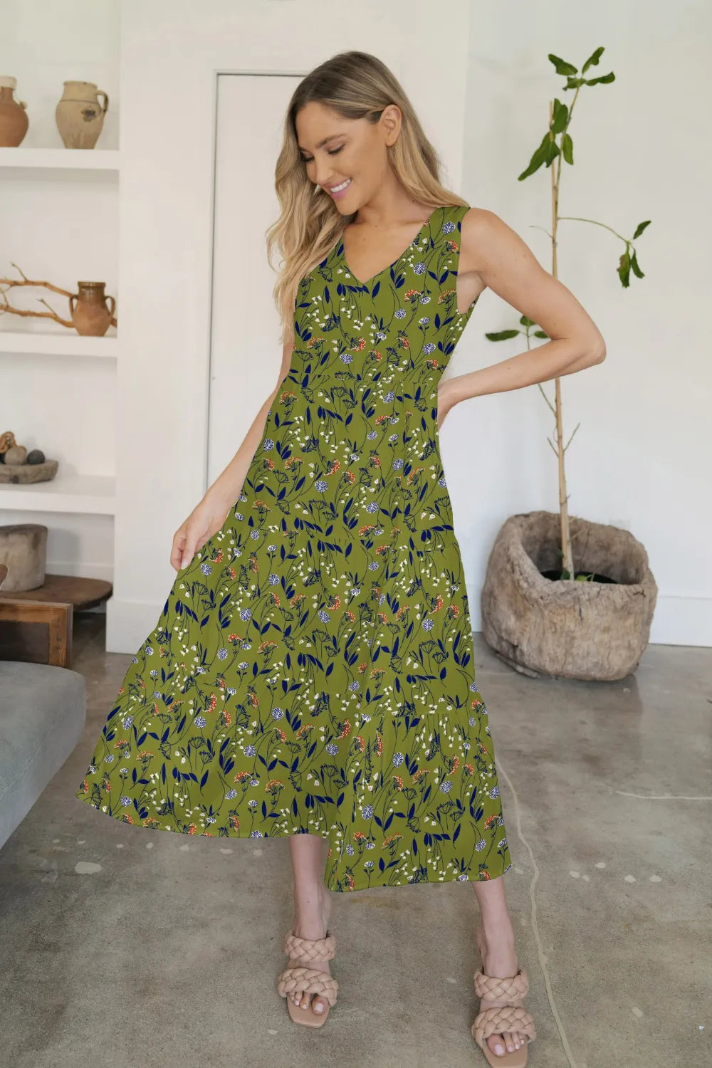 FAM-FAM Tiered Printed V-Neck Sleeveless Dress Matcha Green / XL