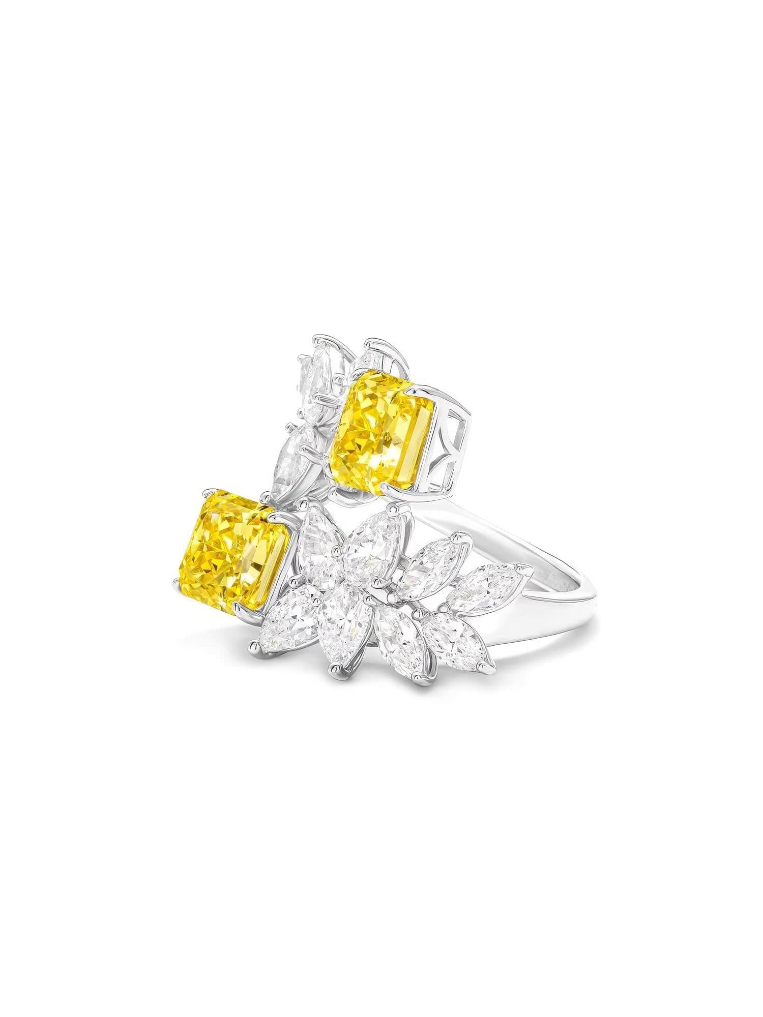Fancy Yellow Diamond Floral Cluster Lab Cultivated Diamond Ring Adjustable / Yellow Sapphire