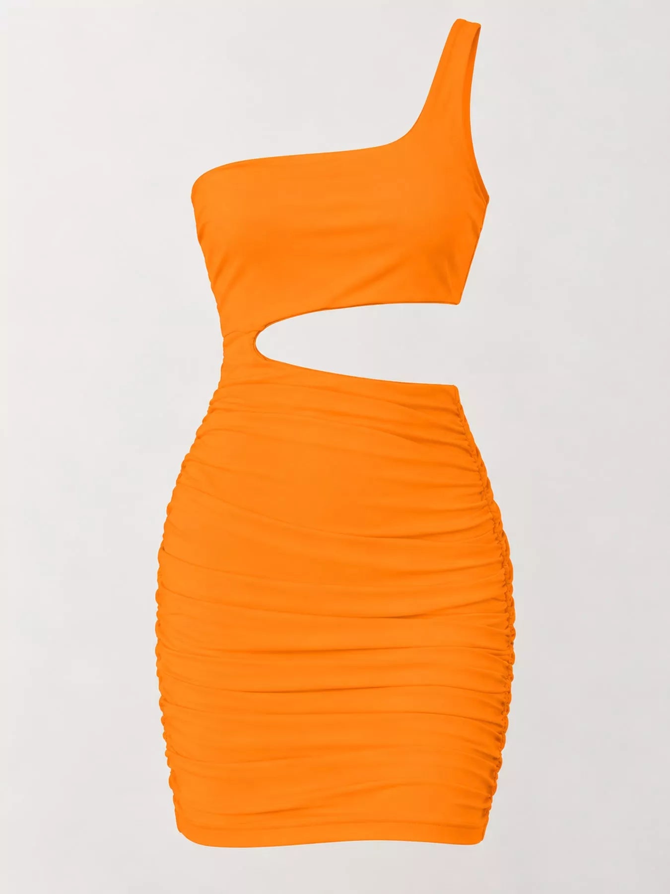 Fluorescent orange one shoulder cutout ruched bodycon mini dress laid flat in a front view