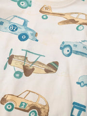 Close up of the transportation print showing blue and tan cars and a propeller airplane