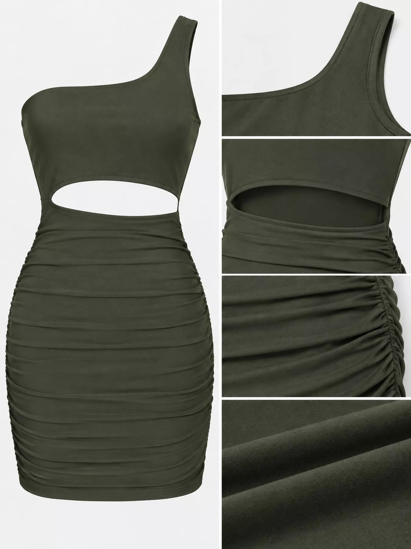 Army green one shoulder cutout ruched bodycon mini dress flat lay with close detail views of neckline and fabric