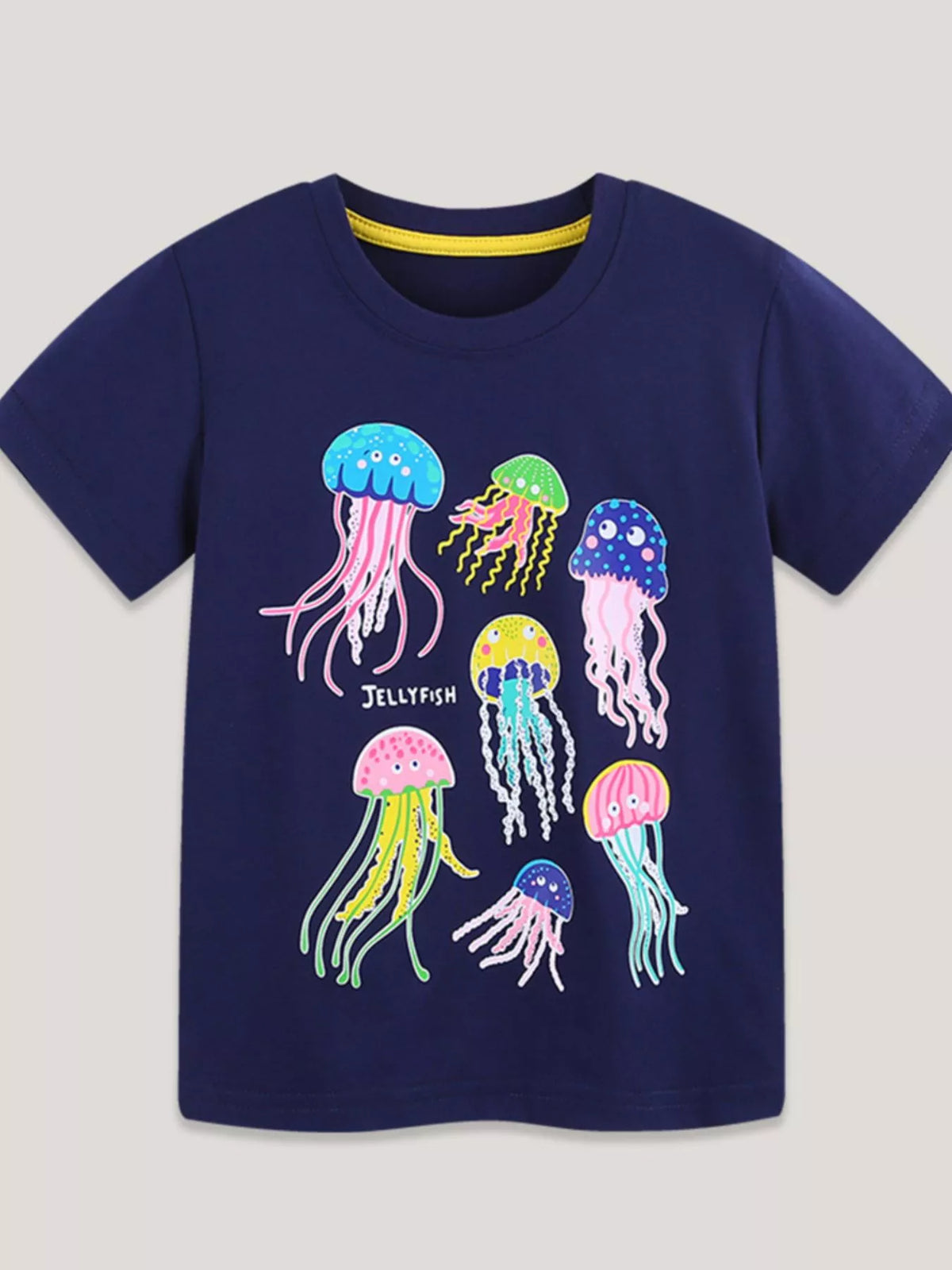 Children's dark navy short-sleeve T-shirt featuring a colorful jellyfish graphic.