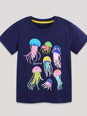 Children's dark navy short-sleeve T-shirt featuring a colorful jellyfish graphic.