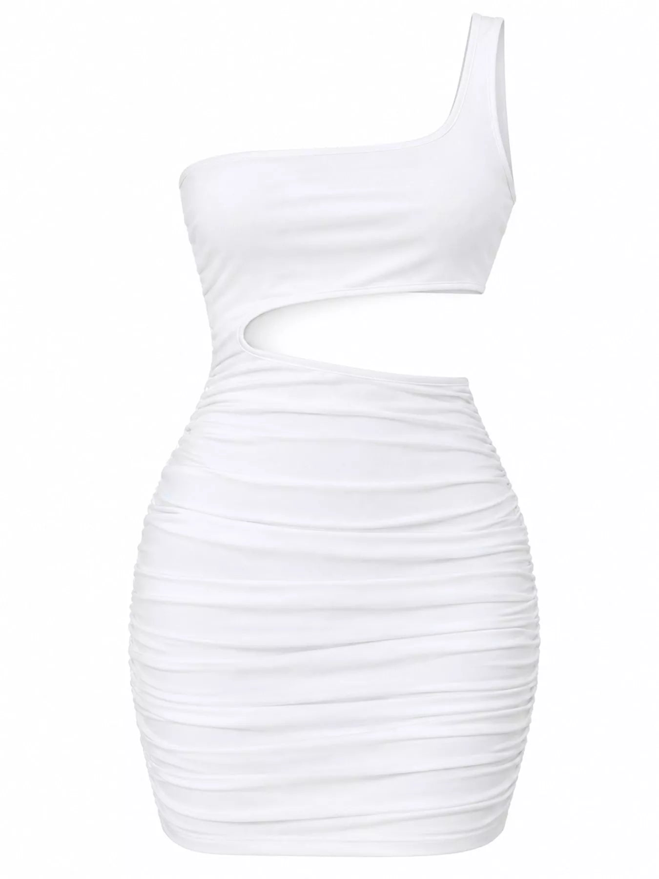 Flat front view of white one shoulder cutout ruched bodycon mini dress on a white background