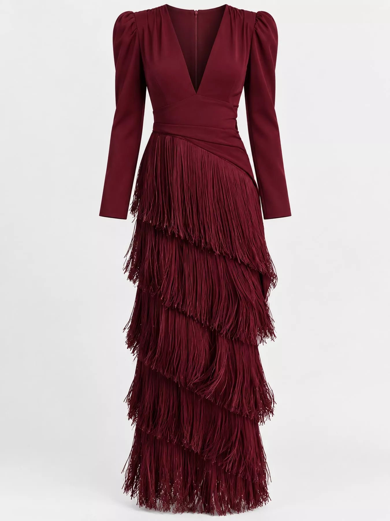 Front studio view of a burgundy fringed maxi dress with puff sleeves and tiered fringe