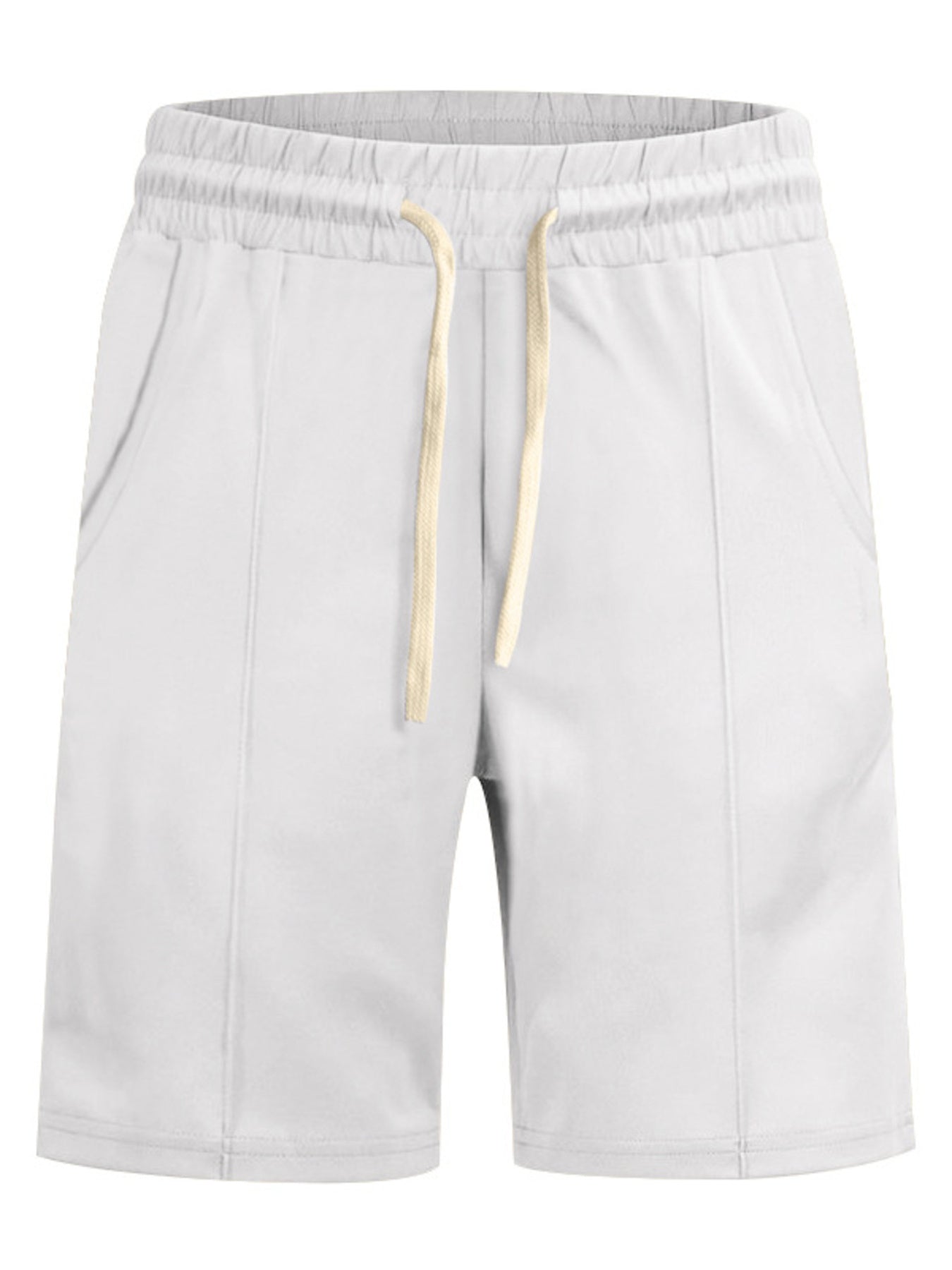 Men's white casual shorts with a drawstring waist and pockets.