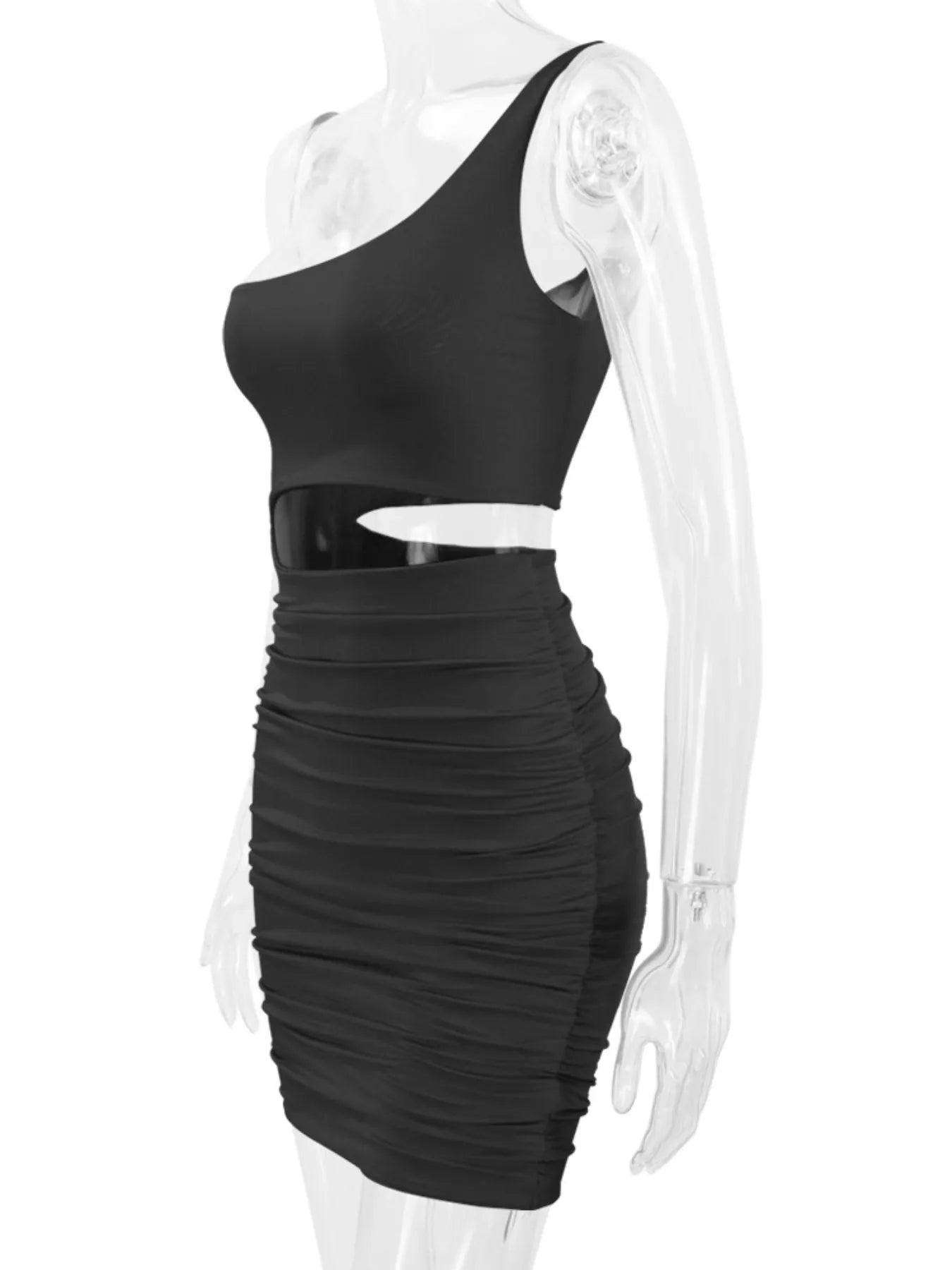 Black one shoulder cutout ruched bodycon mini dress on a clear mannequin side view