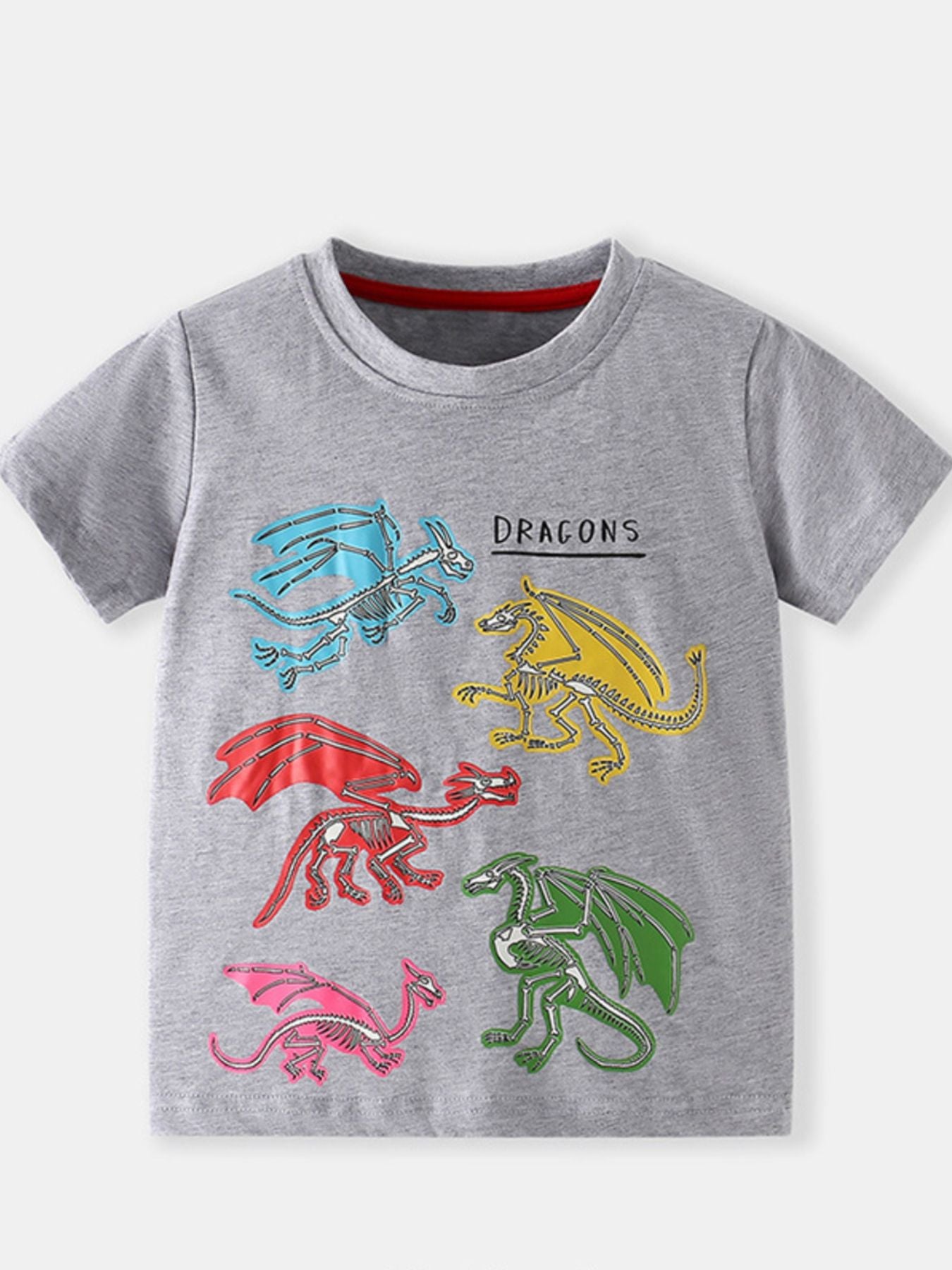 Gray children's crew neck short sleeve T-shirt with colorful dragon skeleton prints, laid flat in front view