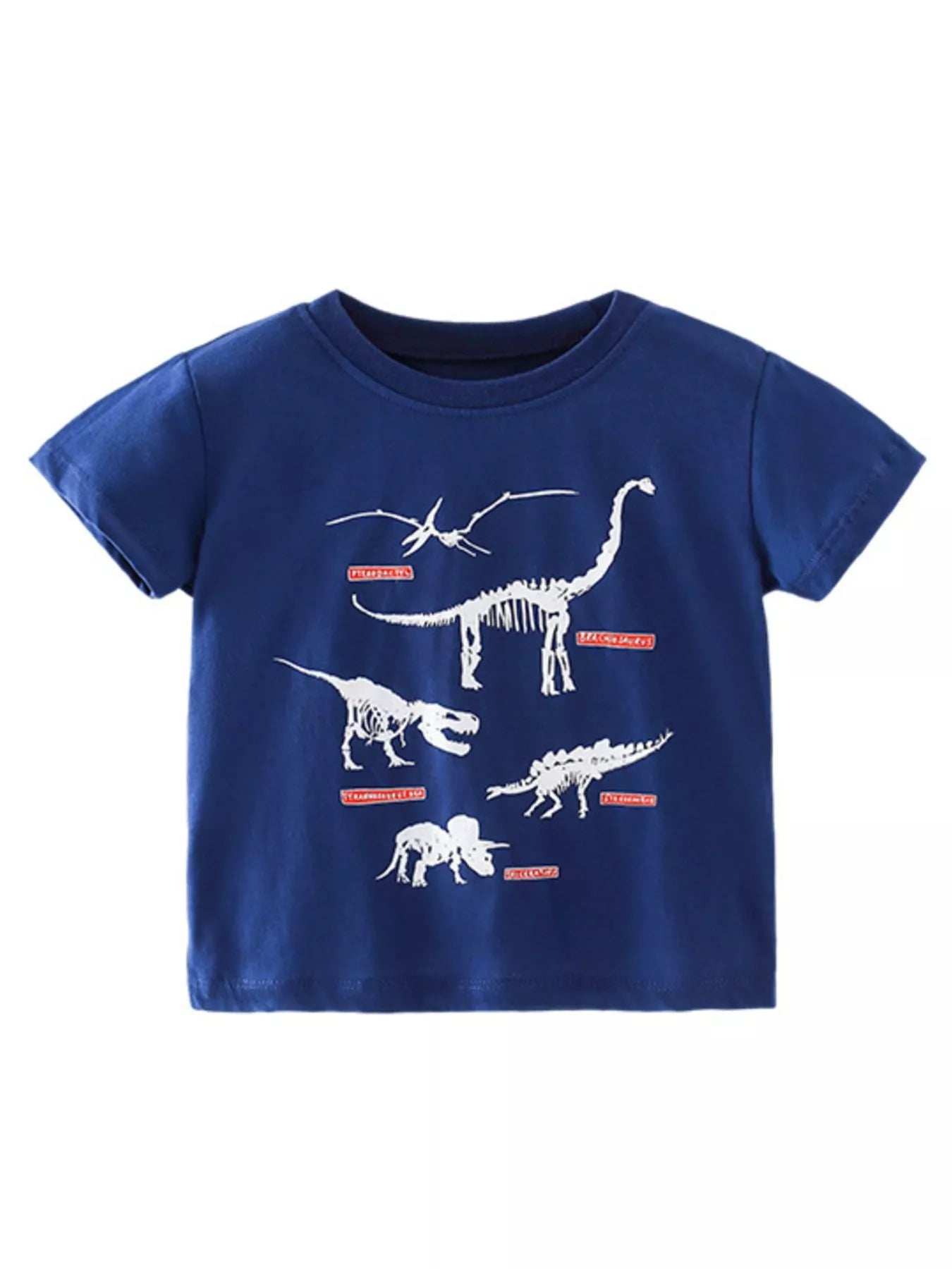 Front view of navy children's crew neck tee with white dinosaur skeleton prints