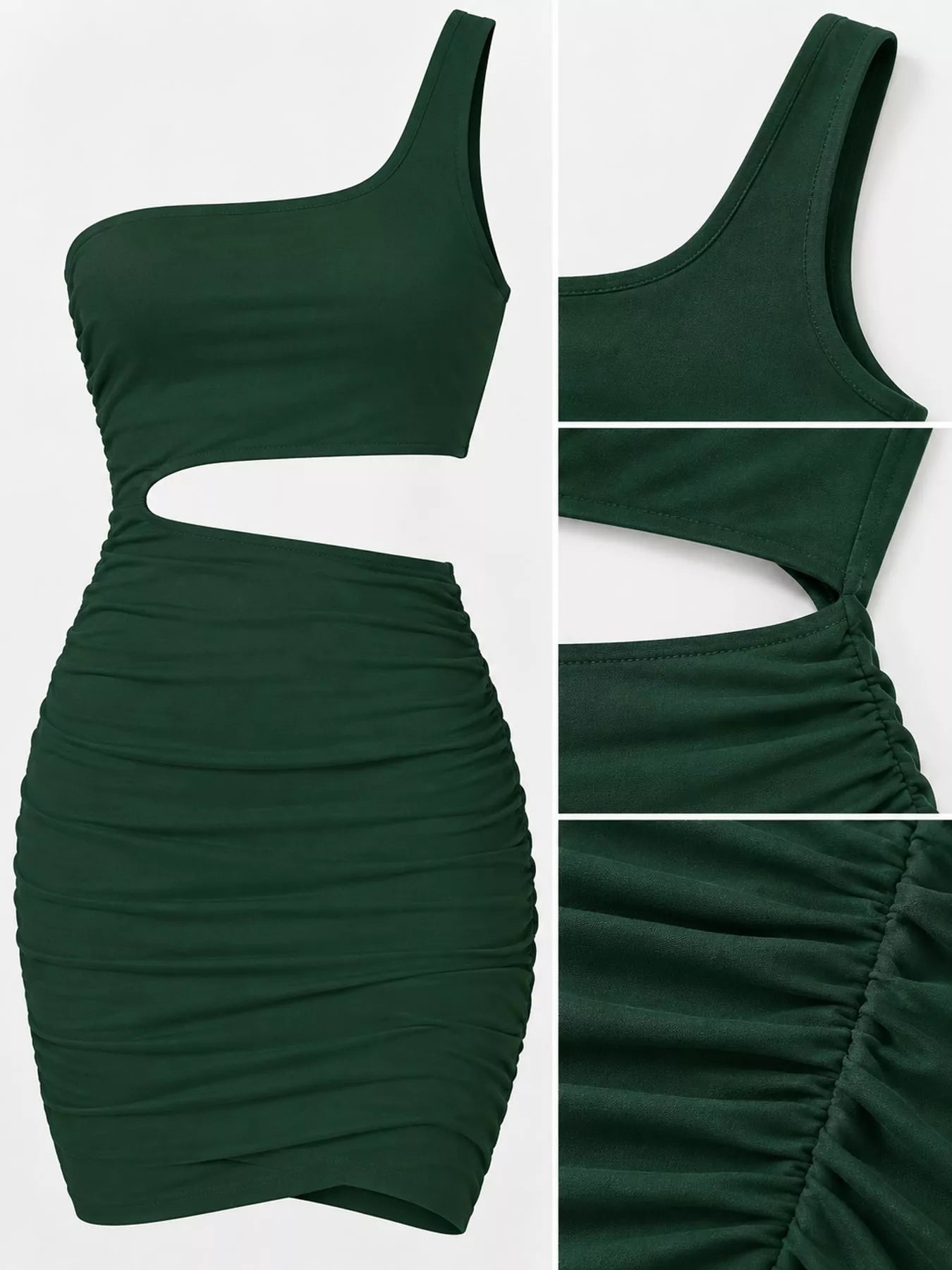 Detail collage of army green one shoulder cutout ruched bodycon mini dress showing strap cutout and ruching