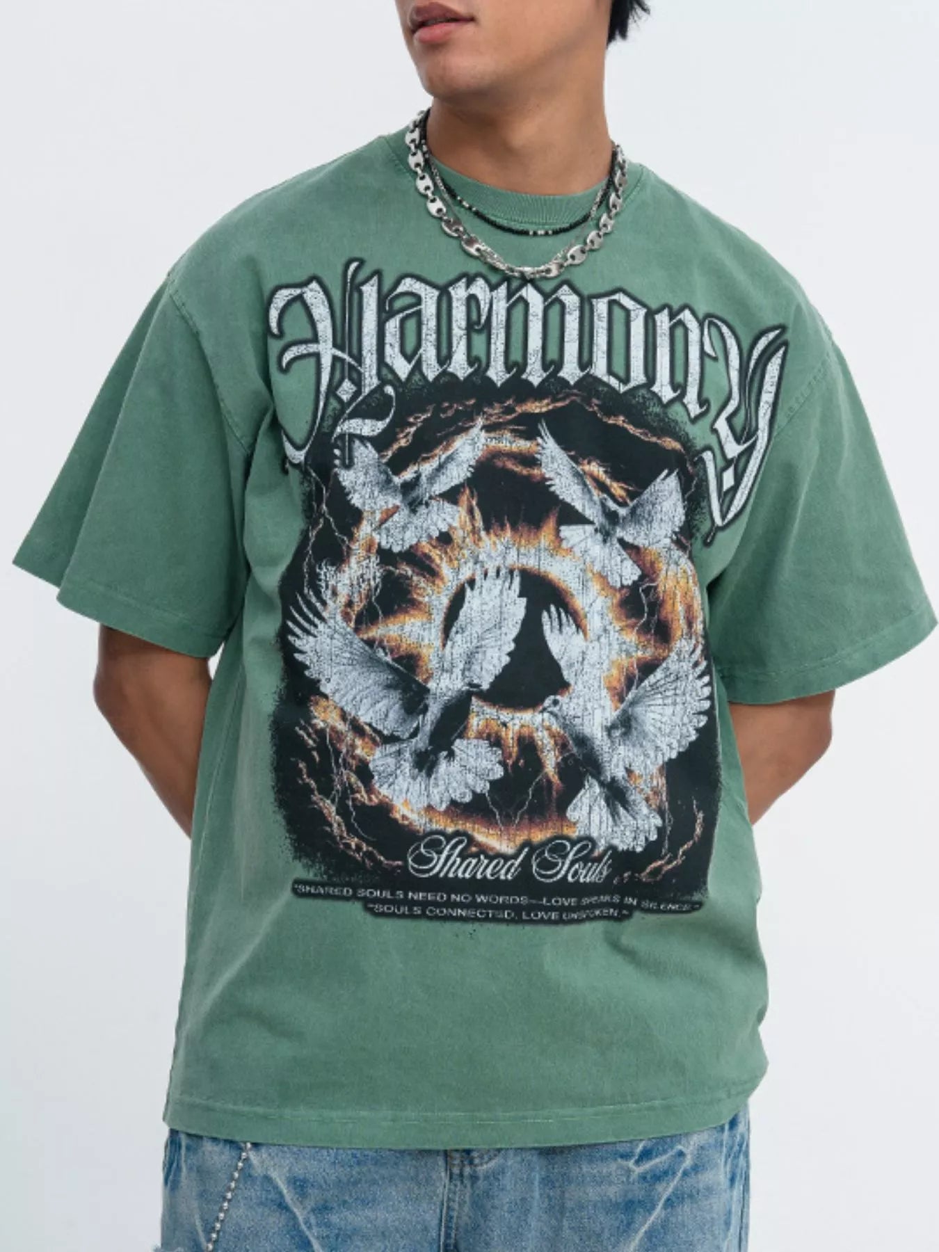 Men's vintage-style graphic T-shirt with a washed fabric finish.