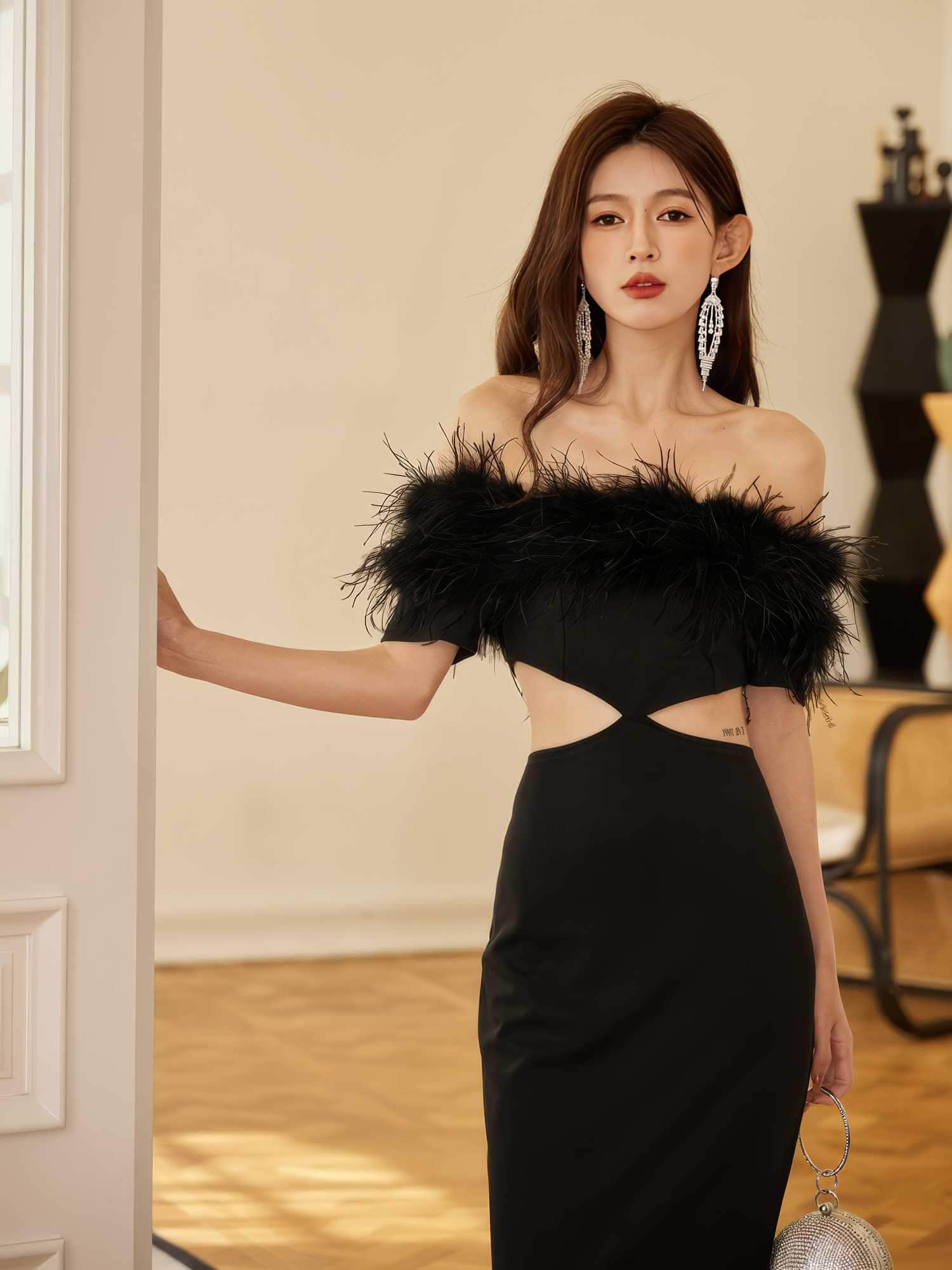 Feather-Trimmed Cutout Spaghetti Strap dress