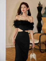 Feather-Trimmed Cutout Spaghetti Strap dress