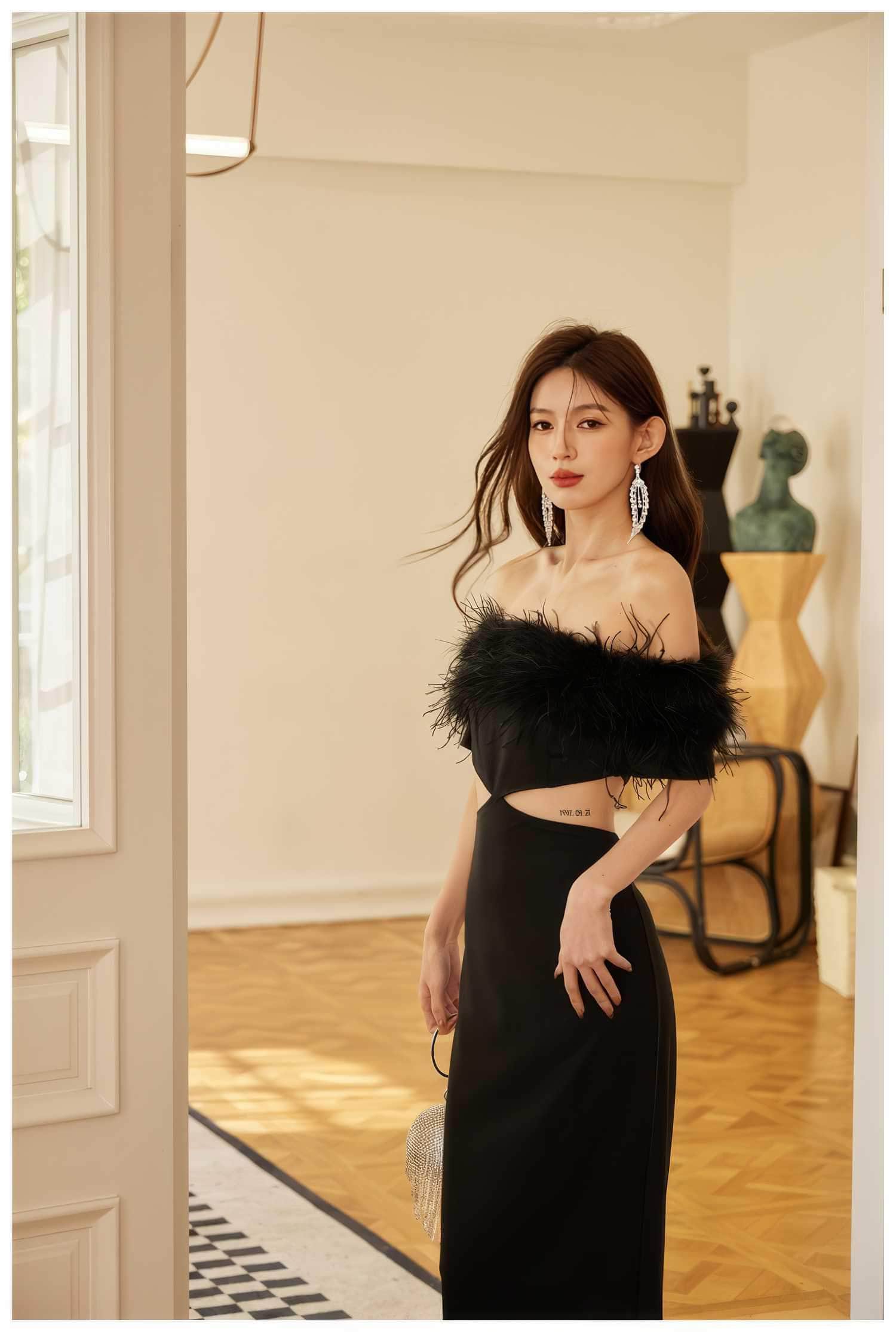 Feather-Trimmed Cutout Spaghetti Strap dress