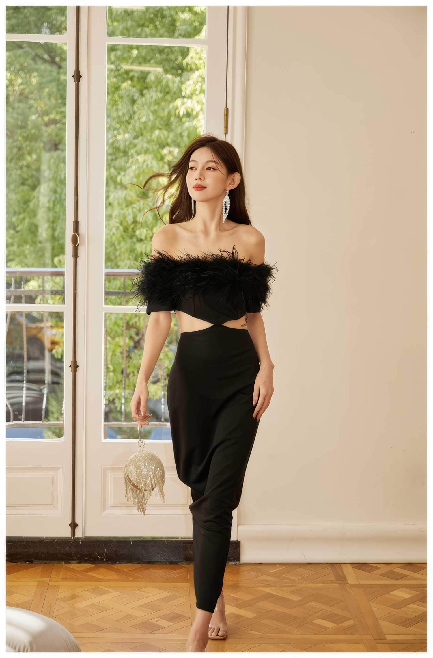 Feather-Trimmed Cutout Spaghetti Strap dress