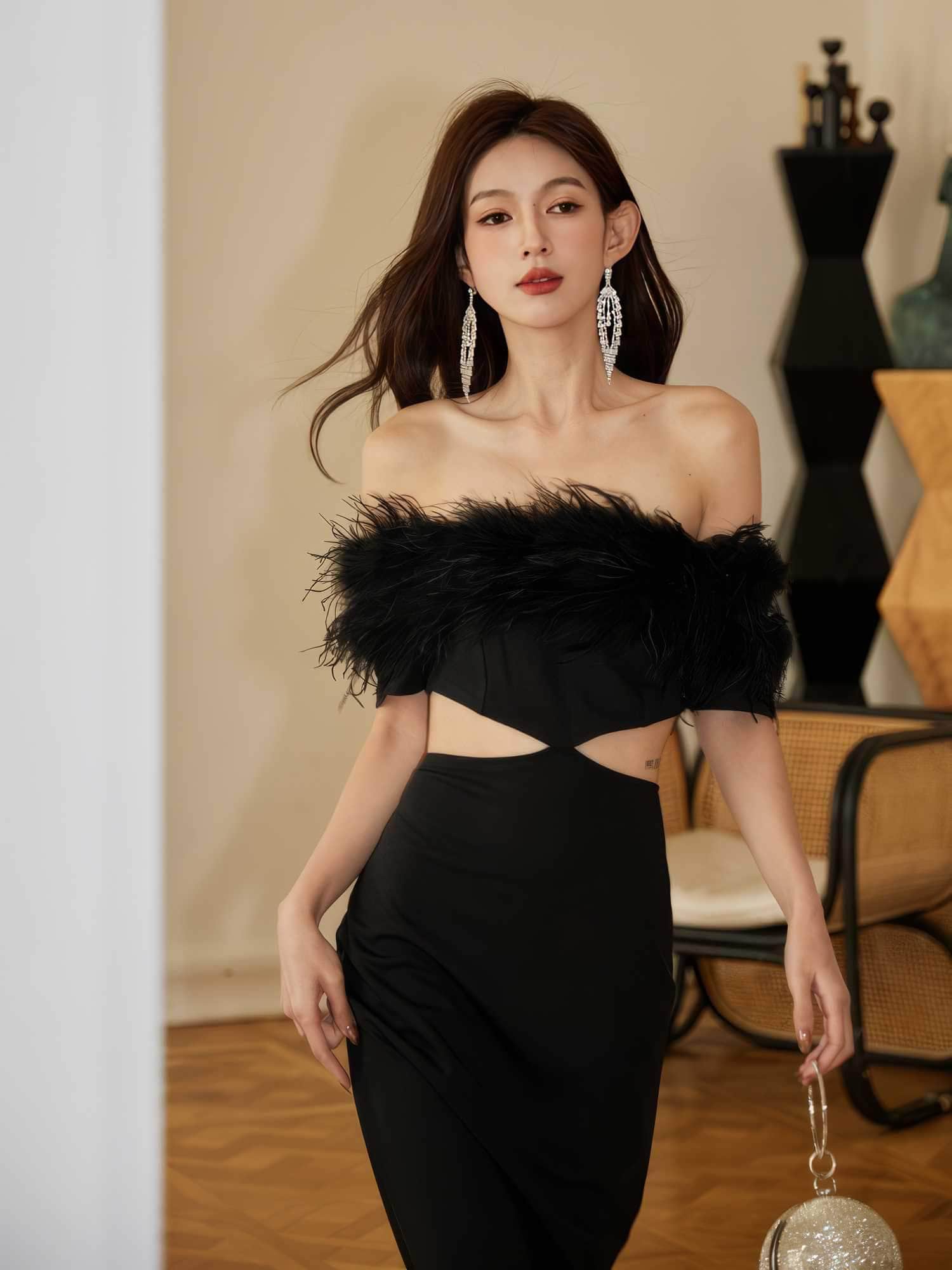 Feather-Trimmed Cutout Spaghetti Strap dress