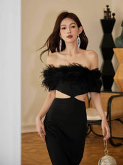 Feather-Trimmed Cutout Spaghetti Strap dress