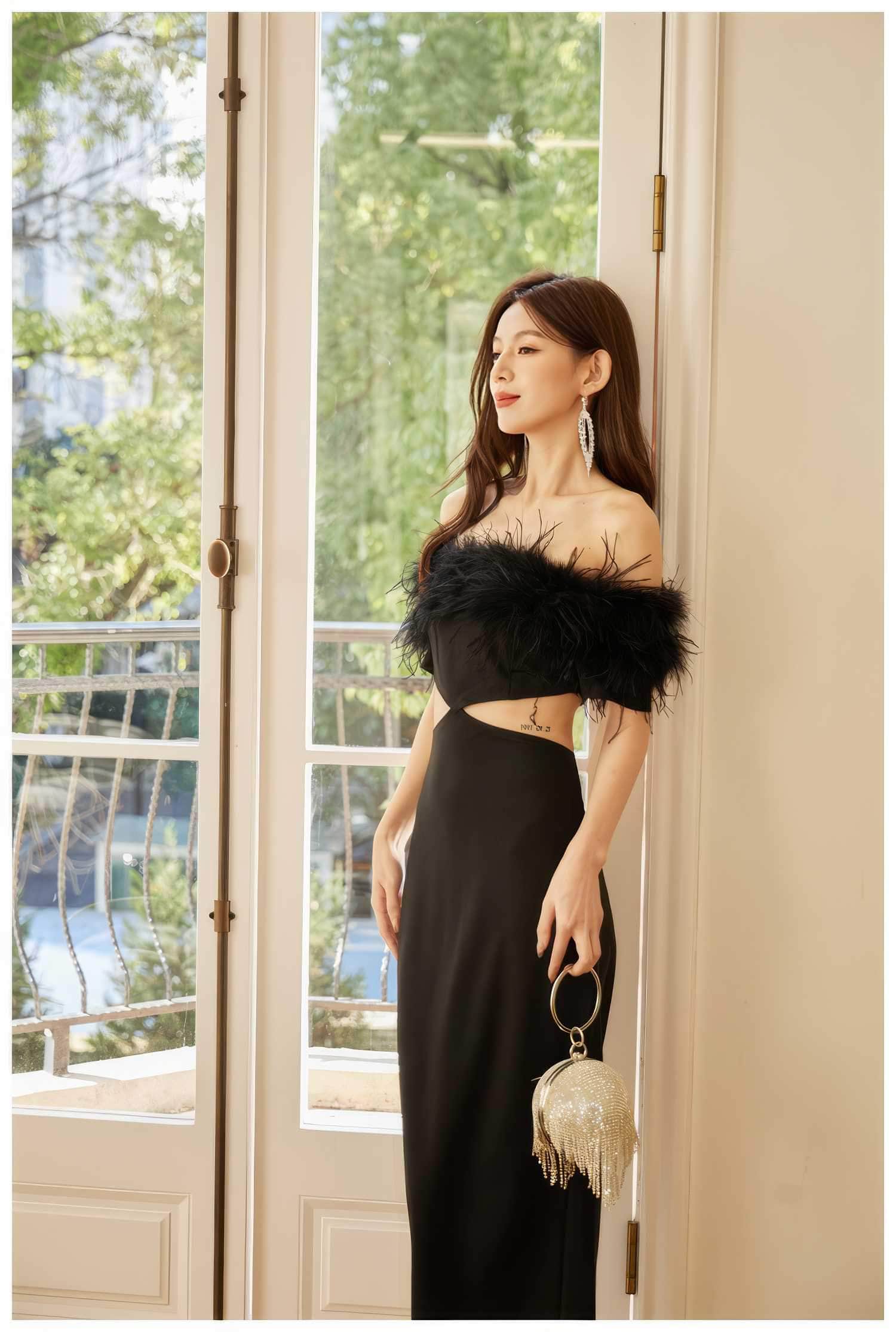 Feather-Trimmed Cutout Spaghetti Strap dress