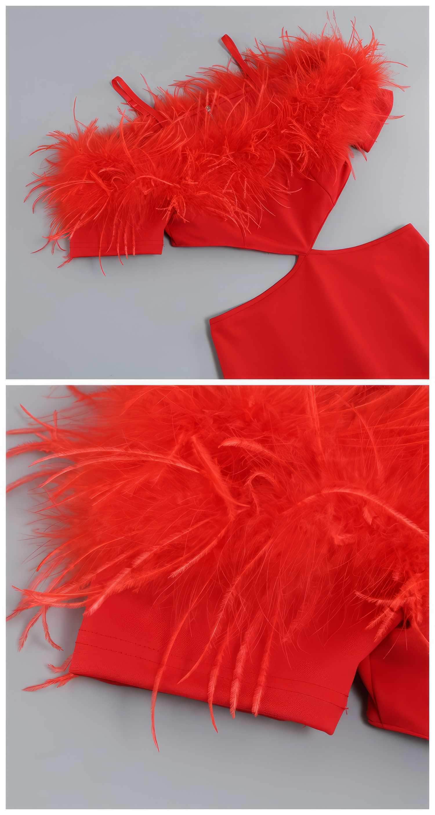 Feather-Trimmed Cutout Spaghetti Strap dress