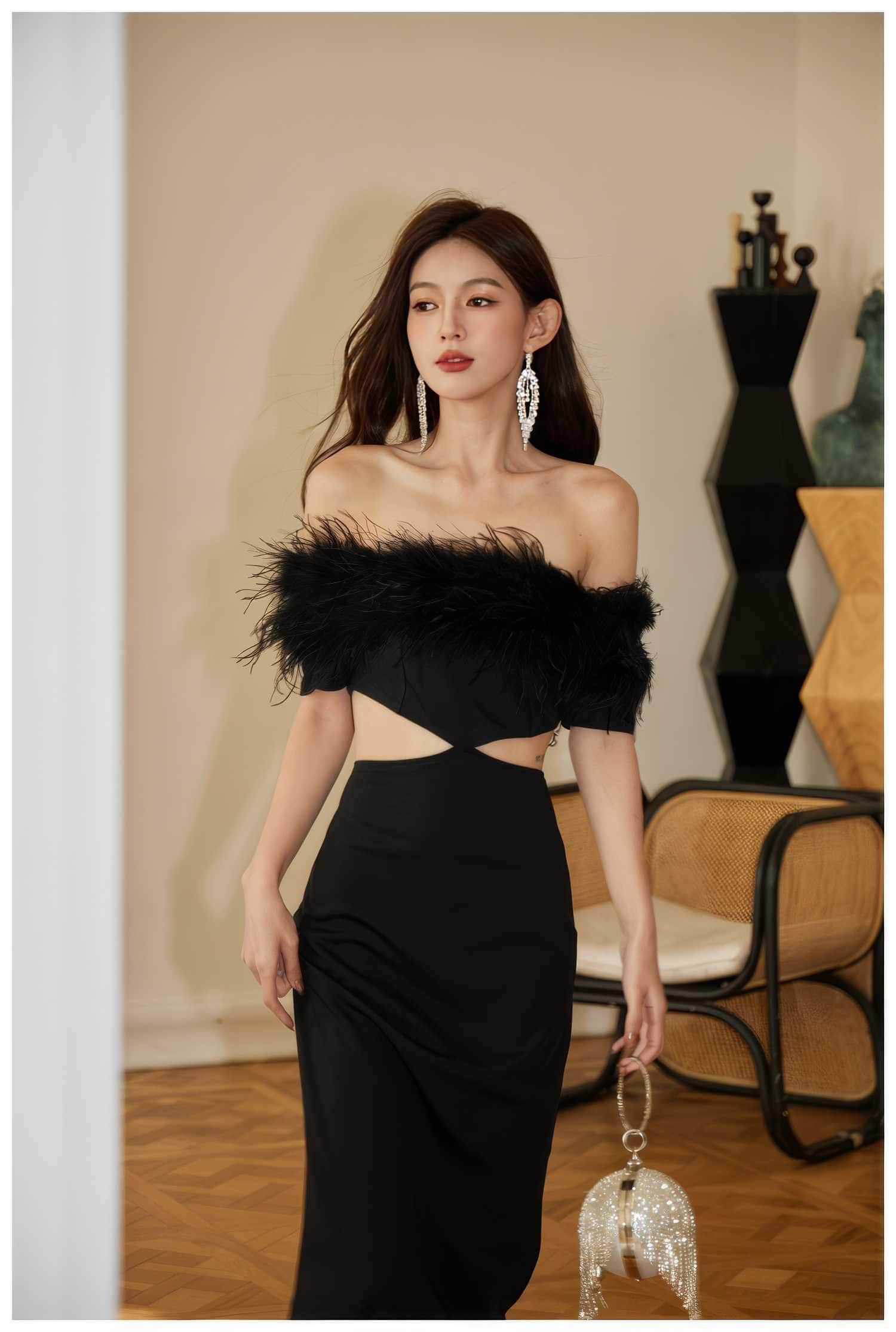Feather-Trimmed Cutout Spaghetti Strap dress