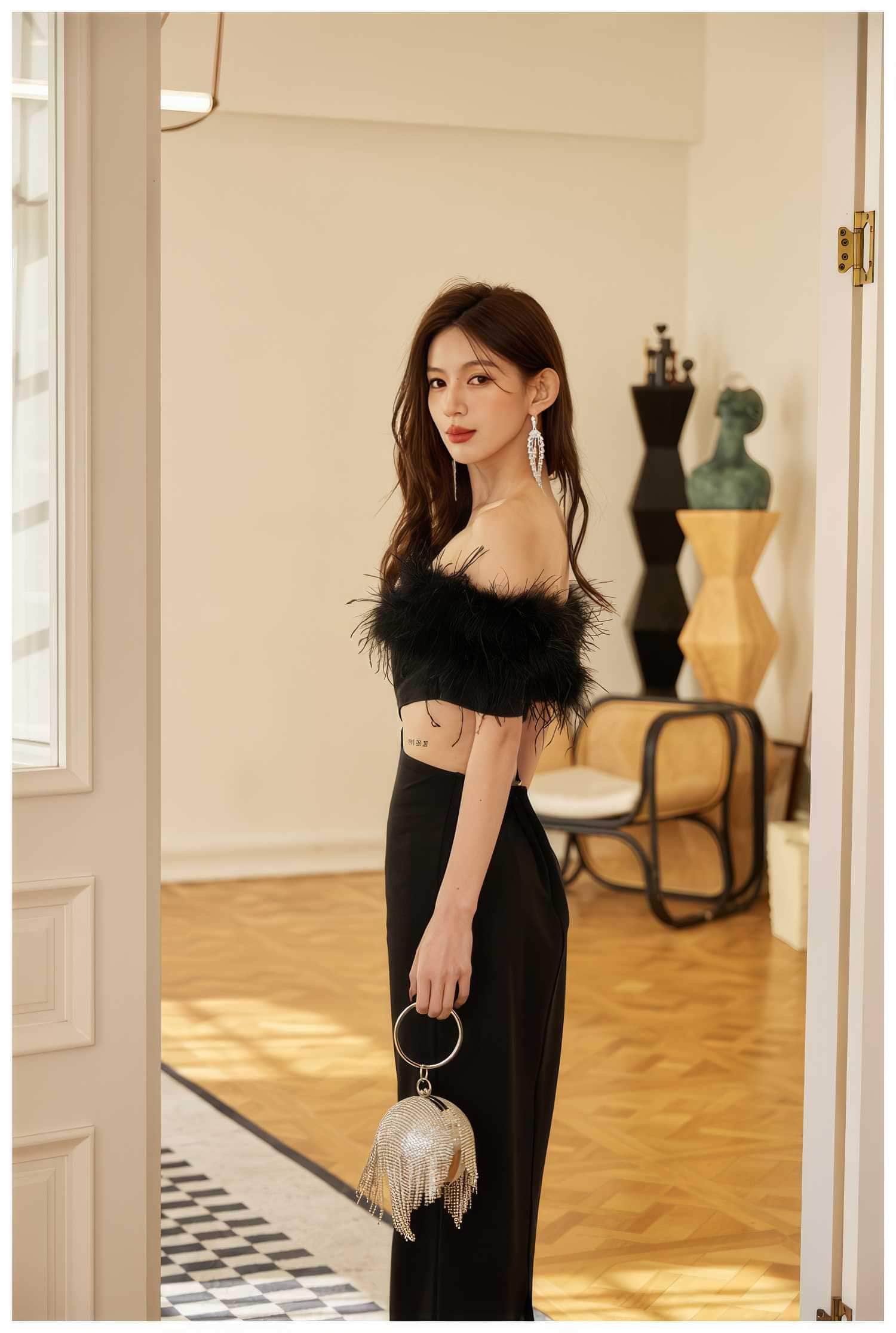 Feather-Trimmed Cutout Spaghetti Strap dress