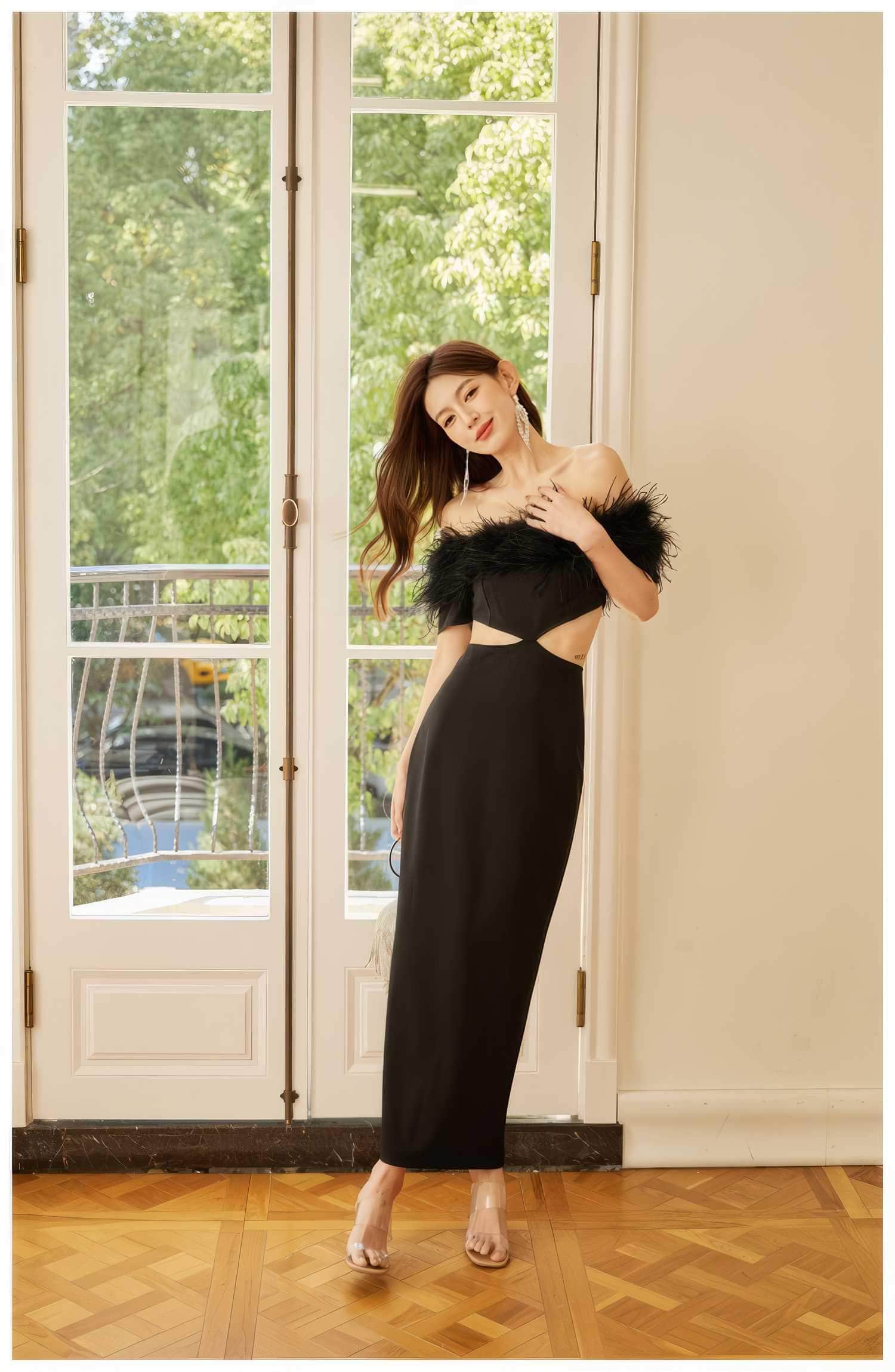 Feather-Trimmed Cutout Spaghetti Strap dress