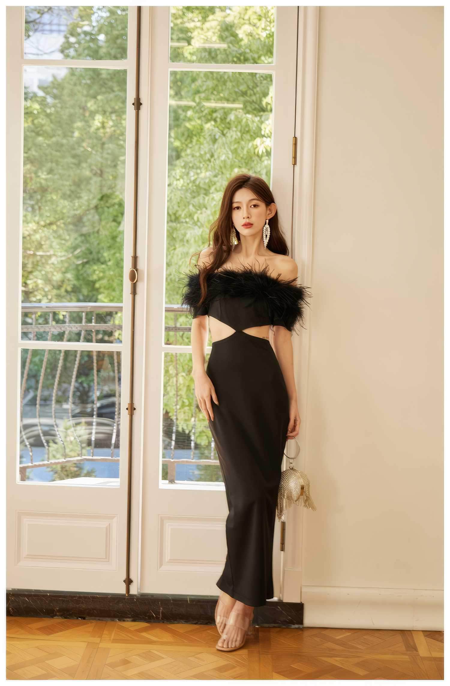 Feather-Trimmed Cutout Spaghetti Strap dress