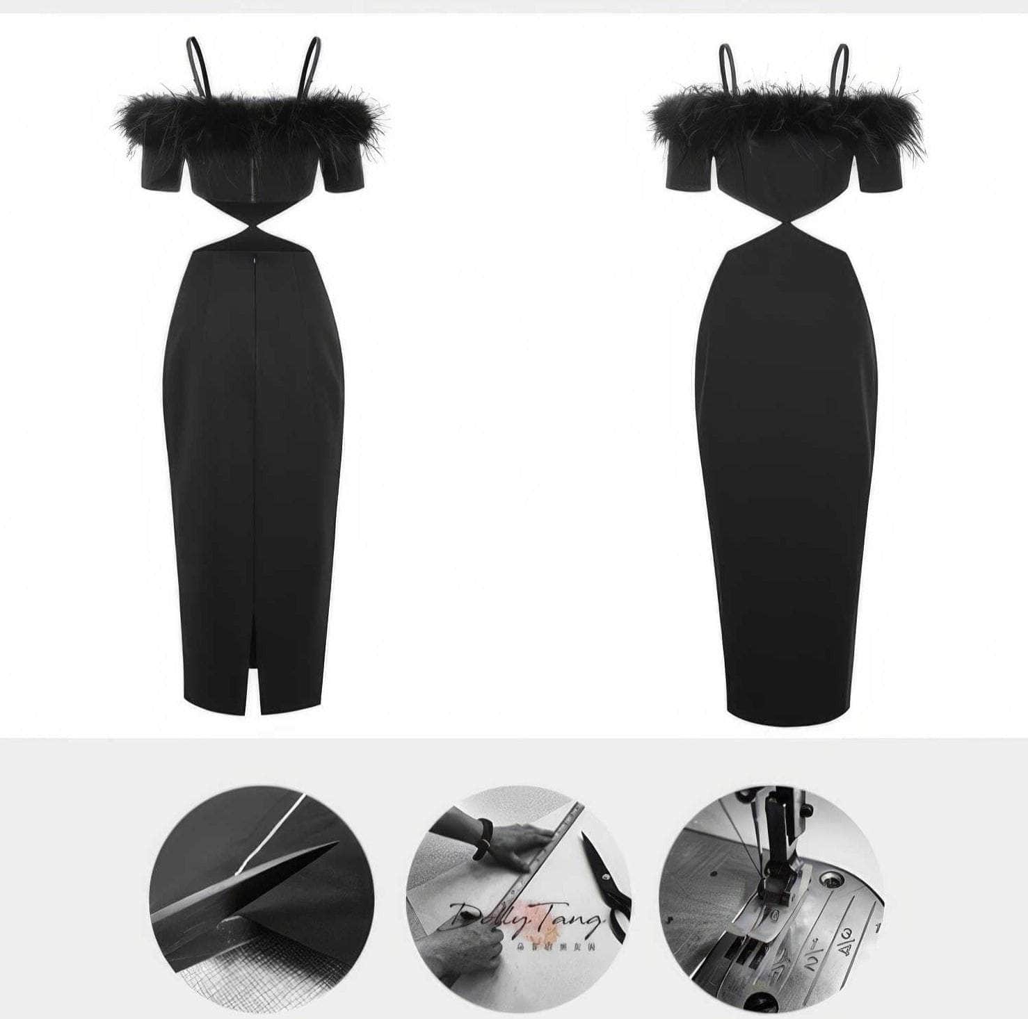 Feather-Trimmed Cutout Spaghetti Strap dress