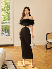 Feather-Trimmed Cutout Spaghetti Strap dress S / Black