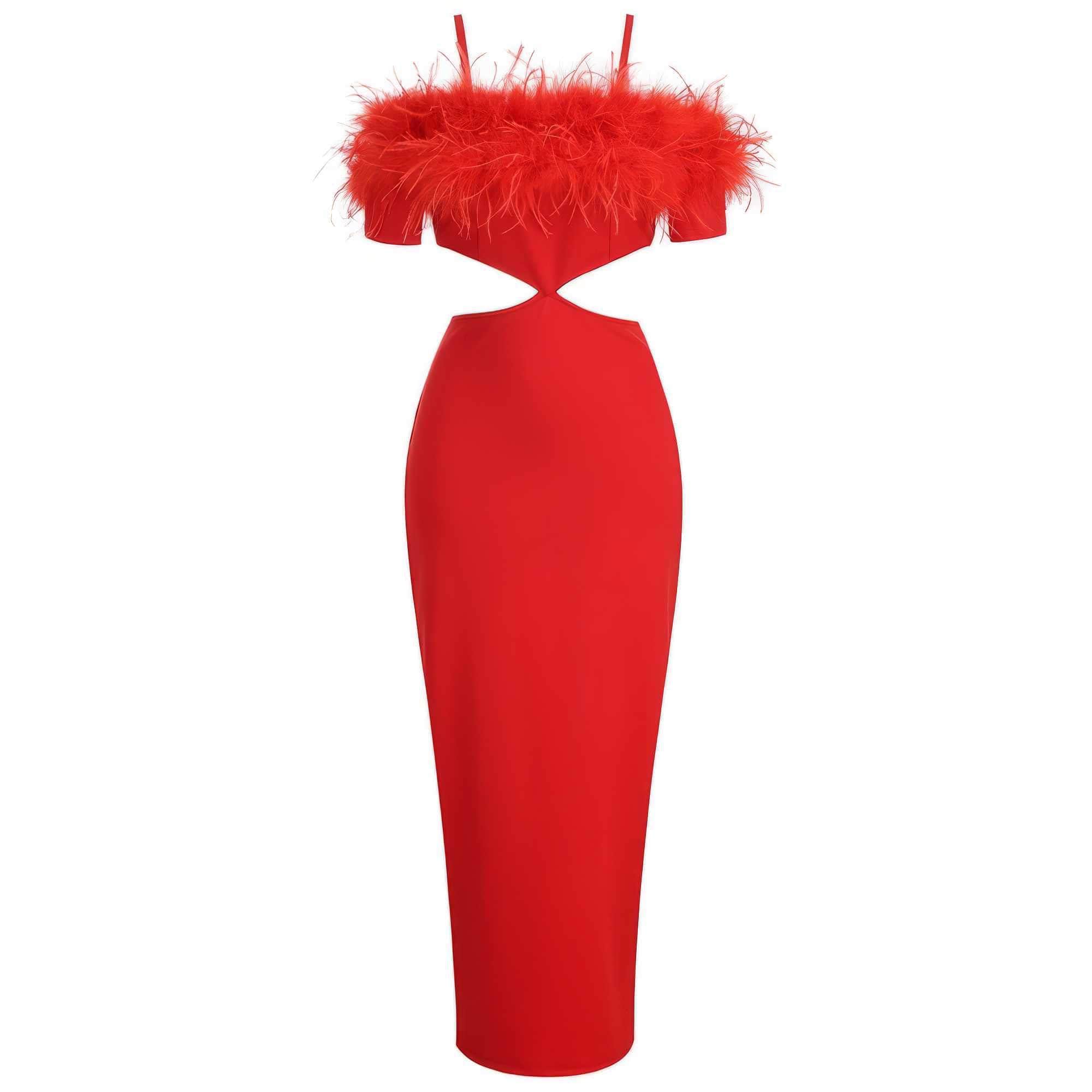 Feather-Trimmed Cutout Spaghetti Strap dress S / Red
