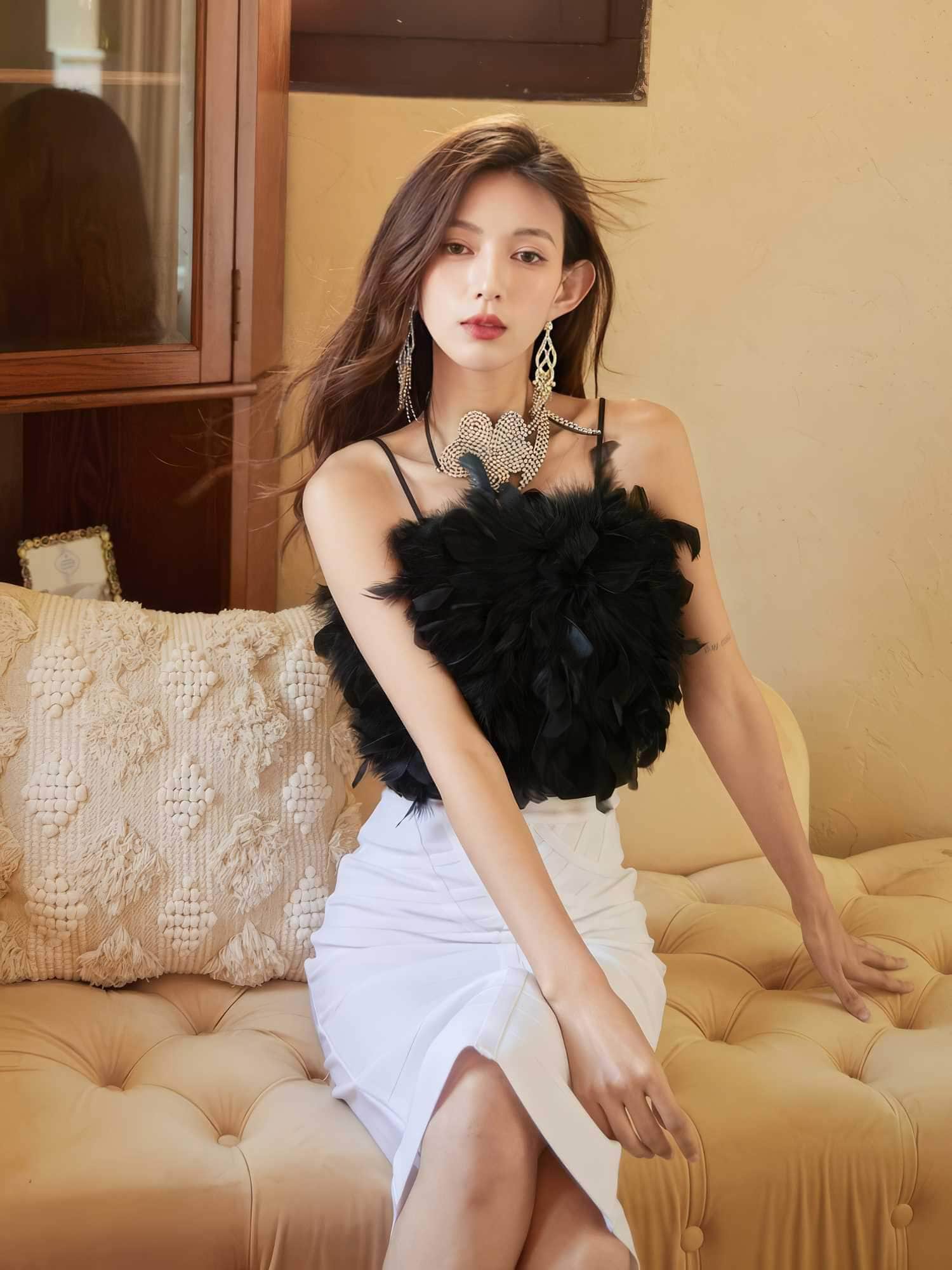 Feather-Trimmed Ruffle Bustier Top