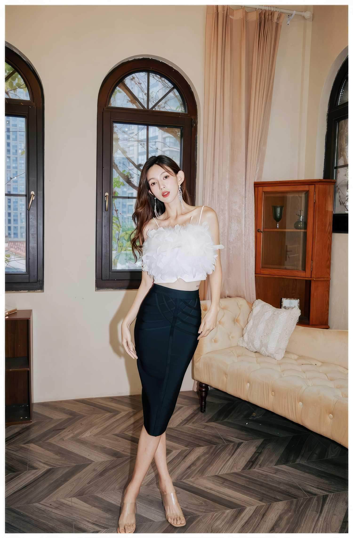 Feather-Trimmed Ruffle Bustier Top